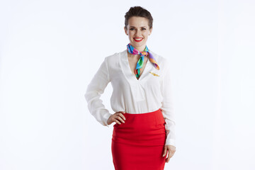 happy modern flight attendant woman on white