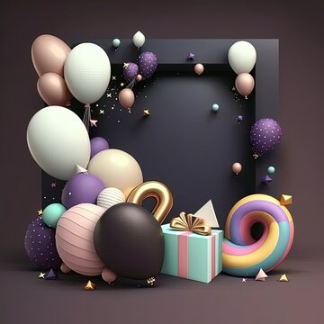 Wall with birthday decor, with balloons, gifts and confetti, Generative AI
