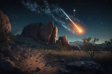Meteor falling in desert area at night, Generative AI