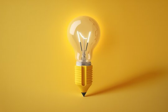 Light bulb shaped pencil, concept of idea and creativity, yellow background, Generative AI