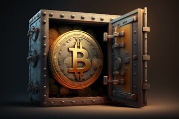Vault with bitcoin, bitcoin and cryptocurrency security concept, Generative AI