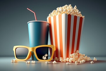 Popcorn bucket, soda cup and 3D glasses, cinema objects isolated on blue background, Generative AI

 - obrazy, fototapety, plakaty