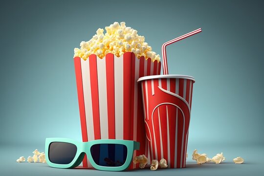 Popcorn bucket, soda cup and 3D glasses, cinema objects isolated on blue background, Generative AI

