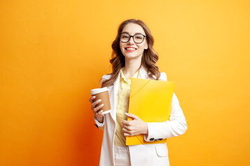 business woman in white suit and blazer holds documents and coffee, student girl in glasses with...
