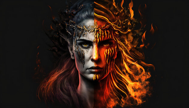 Hel god of Darkness - on fire - German Mythologies - Generative AI