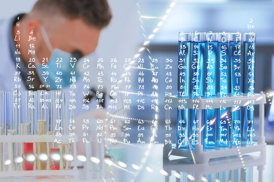 Scientist working in laboratory, test tubes with reagent and periodic table of chemical elements, multiple exposure