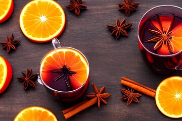 Obraz na płótnie Canvas Warm mulled wine with citrus and spices for winter evening near spruce branch on dark wooden background - generative ai