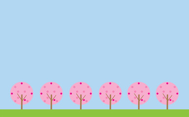 北欧風の桜並木の風景イラスト・春・4月・満開・花見