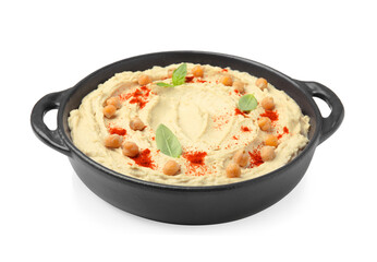 Delicious hummus with chickpeas and paprika isolated on white