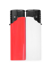 Stylish small pocket lighters on white background, top view