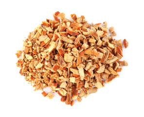 Pile of dried orange zest seasoning isolated on white, top view