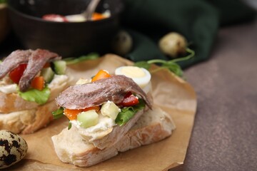 Delicious bruschettas with anchovies, eggs, cream cheese, tomatoes, bell peppers and cucumbers on grey table, space for text