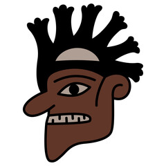 Stylized human male head in profile with sticking out hair. Ethnic design of Nazca Indians from ancient Peru.