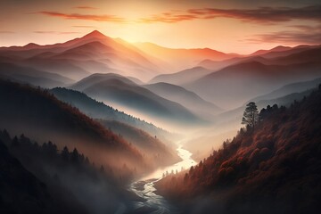 Ai art of a pink and purple sunrise in the smoky mountains with a river running through the valley computer wallpaper background - obrazy, fototapety, plakaty