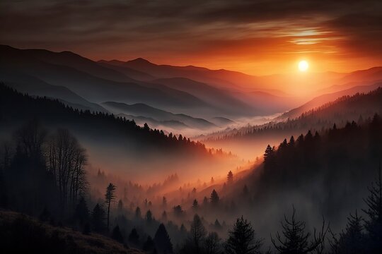 AI art of a purple and peach colored sunrise over the smoky mountains computer wallpaper background