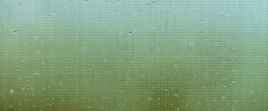 Mosquito net on wet window with rainy drops and dirt spots closeup. Rain droplets on glass with mosquito screen. Blurry minimal background with greenery bokeh against dirty window glass with raindrops