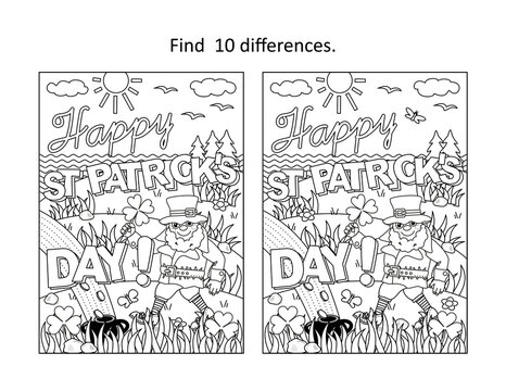 "Happy St Patrick's Day!" holiday greeting find the differences picture puzzle and coloring page
