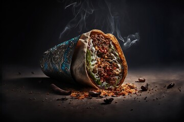 A Steaming Beef Burrito Wrapped in Blue and Silver Foil with an Intricate Pattern Generative AI