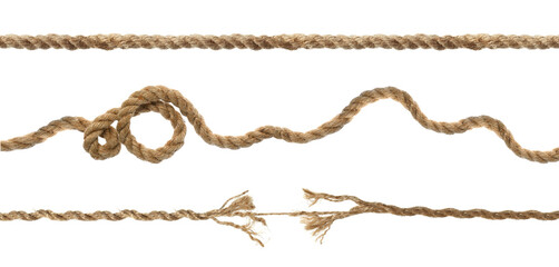 Set with whole and torn hemp ropes on white background