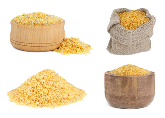 Collage with uncooked bulgur on white background