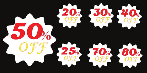 Sale tag speech bubble red shape with different discount percentages. 10, 20, 30, 40, 50, 60, 70, 80 and 90 percent price clearance sticker badge banner label vector illustration isolated
