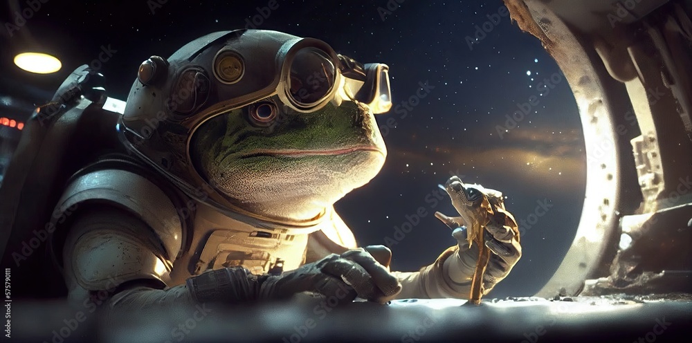 Poster frog spaceman in outer space in a spaceship generative ai