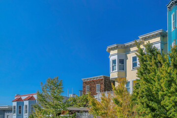 Fototapeta na wymiar Houses with trees and blue sky views in San Francisco California. Residential landscape with charming homes featuring bay windows, flat roof tops and colorful walls.