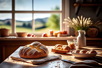 Fresh bread on the kitchen table in front of a window with a countryside panorama, healthy eating and traditional bakery concept. Genrative Ai