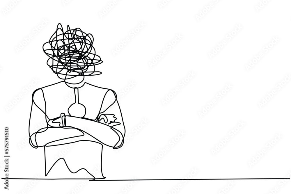 Poster single one line drawing robot with round scribbles instead of head, keeping arms crossed. robot stan