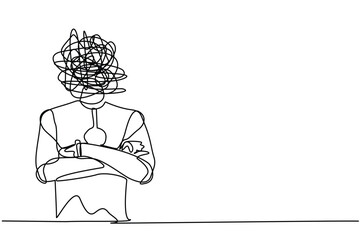 Single one line drawing robot with round scribbles instead of head, keeping arms crossed. Robot standing with folded arms pose. Technology development. Continuous line draw design vector illustration
