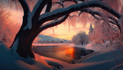 Snowy Glacial Landscape with Red Willow Trees and Dusk Sunset River Village - a picturesque wallpaper background featuring a beautiful winter landscape and a dusk sunset river village
