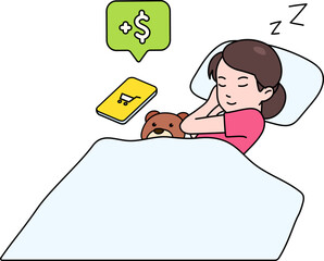Female Entrepreneur Sleeping and Still have Income from the Online Shop Business Marketing Illustration Scene Concept