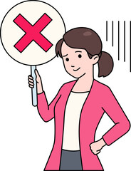 Female Entrepreneur holding a Wrong Mark Sign and Feeling Disappointed Business Illustration Scene Concept