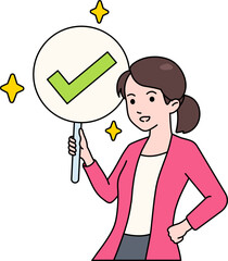 Female Entrepreneur holding a Check Mark Sign and Feeling Happy Business Illustration Scene Concept