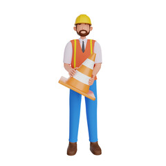 Worker Holding Traffic Cone 3d illustration
