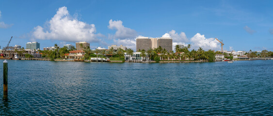 Scenic view of Biscayne Bay in Mami Beach Florida with apartments and homes. Panoramic view of a...