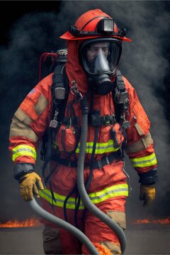 firefighter training., fireman using water and extinguisher to fighting with fire flame in an emergency, under danger situation all firemen wearing fire fighter suit for safety. Generative AI