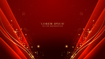 Luxury gold lines curve with red oblique object, shiny dots effect and bokeh decoration on red background. Elegant style vector design