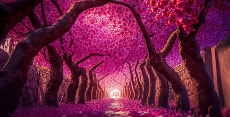 Fantasy alley with pink colors. Wonderful scenic park with rows of blooming cherry sakura trees in spring. Pink flowers of cherry tree. digital ai art