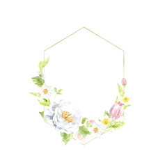 Watercolor Easter gold polygonal geometry frame illustration. Botanical spring floral frame, wreath, chaplet, peony,rose, cute Easter bunny animal clipart, baby shower, happy birthday invite
