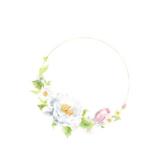 Watercolor Easter gold round frame illustration. Botanical spring floral frame, wreath, chaplet with peony,rose, cute Easter bunny animal clipart, baby shower, easter egg hunt, happy birthday invite
