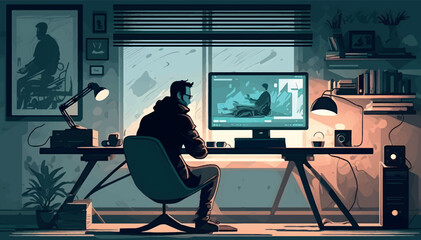 man working on computer, vector illustration