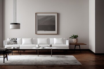 Styled White Interior of Family Room with Modern Furniture and Wall Art Made with Generative AI
