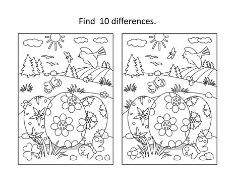 Easter holiday themed find the ten differences picture puzzle and coloring page with 3 painted eggs in rural scene
