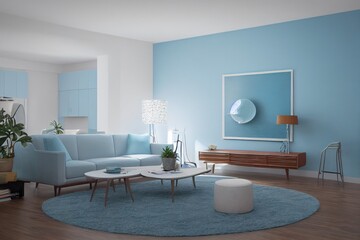 Blue Contemporary Modern Living Room Design with Spring Decor Made with Generative AI