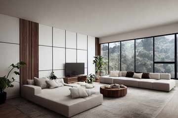 Cozy Warm Modern Family Room with White and Wood Accents in Spring Made with Generative AI