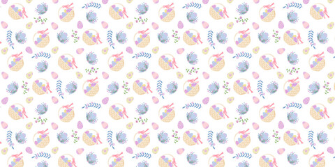 Seamless Easter pattern with eggs and a basket in pastel colors. Pattern from eggs and twigs of plants and baskets with eggs. Vector illustration for fabric, background, packaging