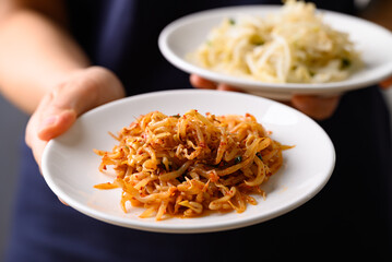 Spicy mung bean sprouts salad (Kongnamul Muchim), Korean food side dish
