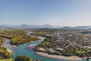 Beautiful river landscape view from above of Shkoder city in Albania.
