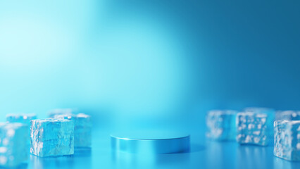 氷が複数ある空間。水色背景に水色の台座。冷たい、涼しいイメージ。（横長）